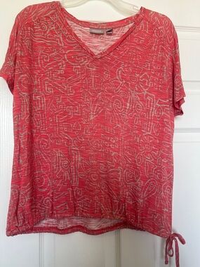 Chico's Coral-Pink Abstract V-Neck Short Sleeve Top